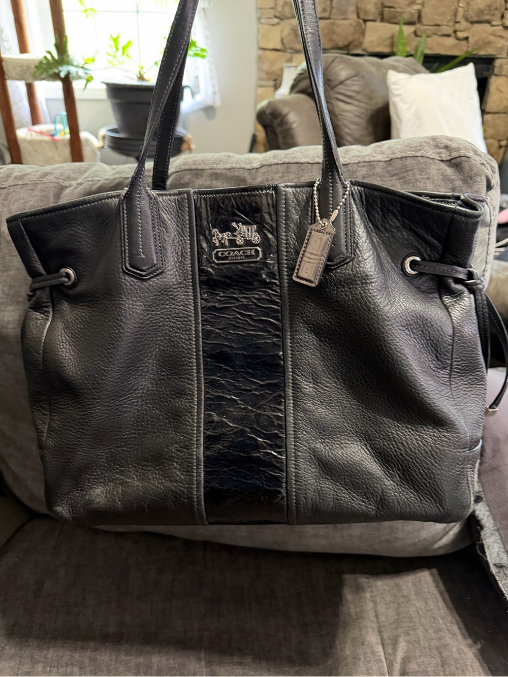 Coach Black Leather Tote with Glossy Center Stripe